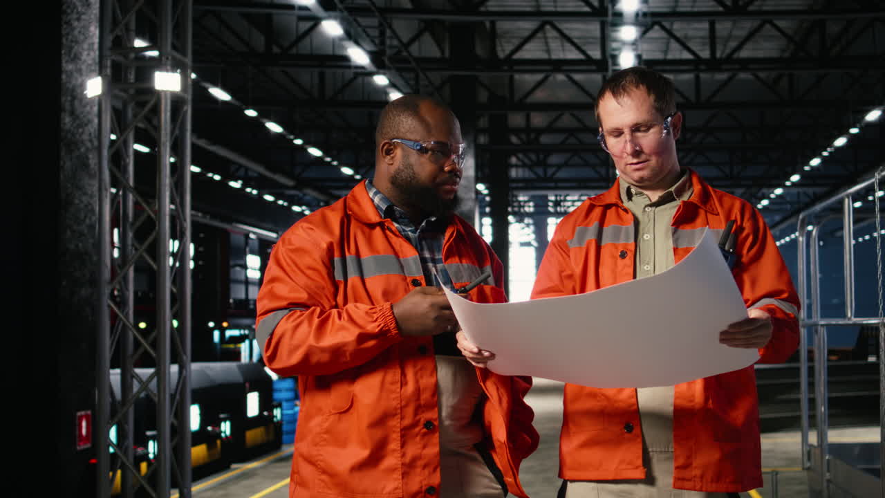 Two supervisors use plans to oversee construction and production tasks