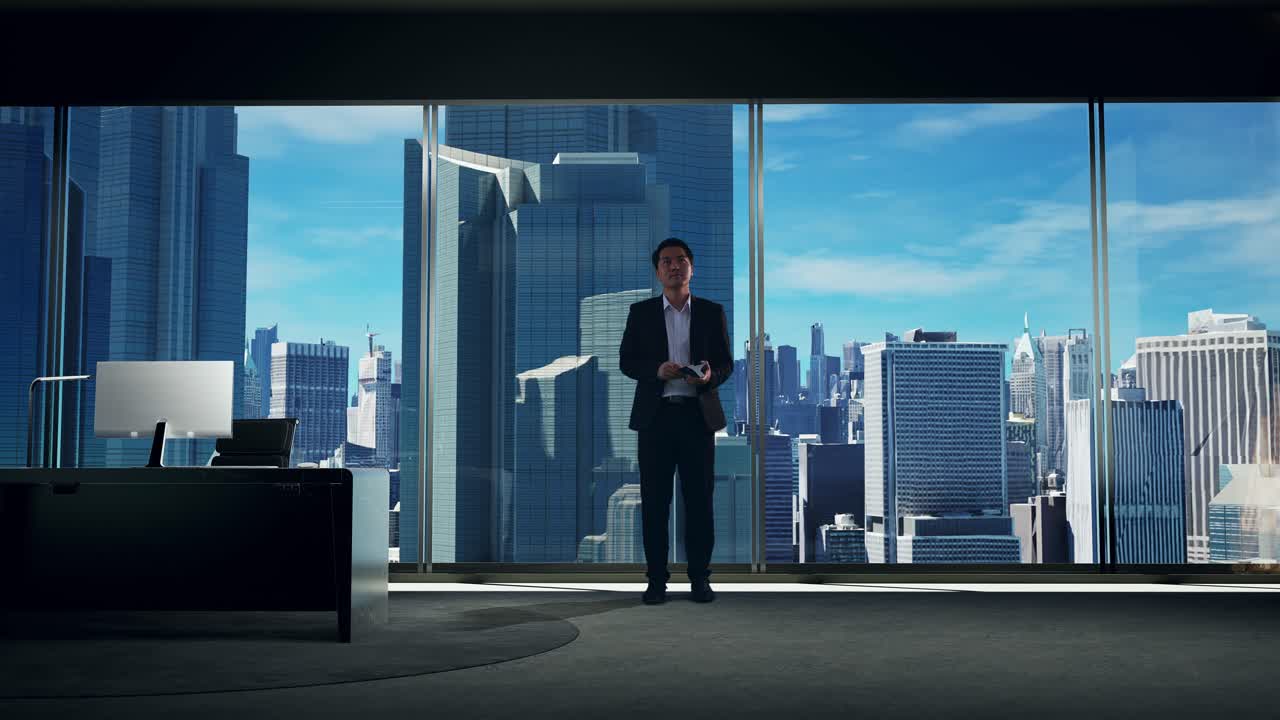 un hombre de negocios asiático mira un pasaporte con rascacielos.