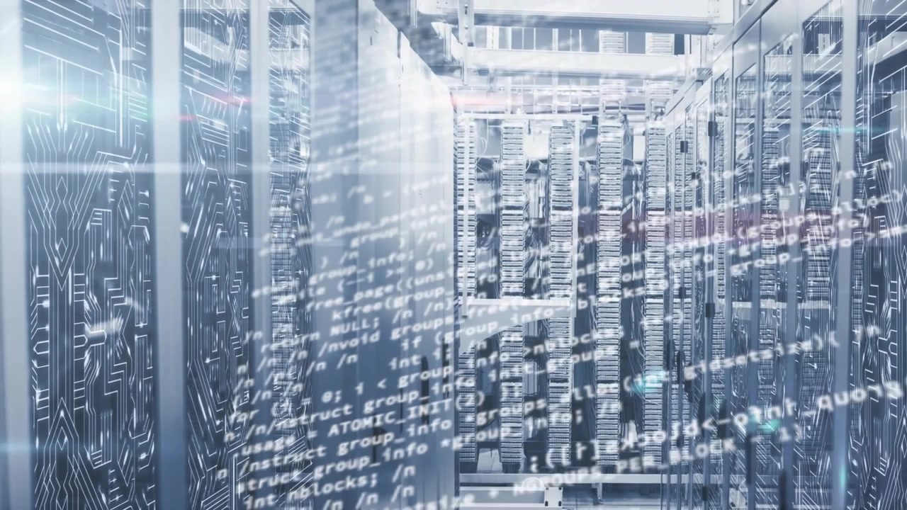 Camera dollying down central aisle of server racks, code overlay intensifying visualizing data flow