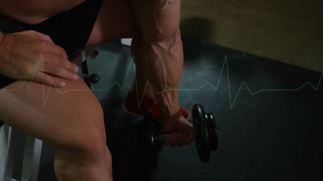 Adult man starting curl with elbow braced, curling dumbbell repeatedly for fitness, ECG pulsing
