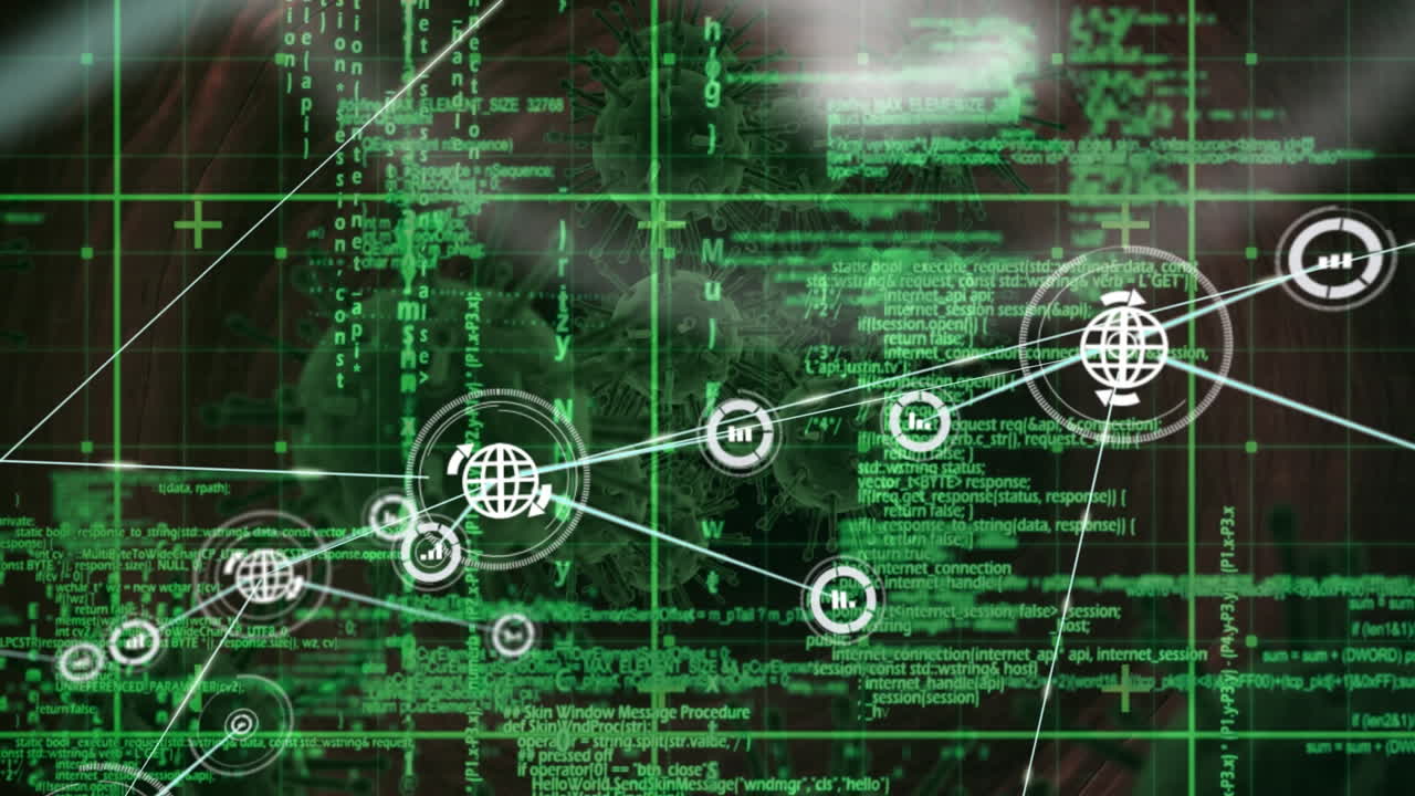 Animation of network of connections and data processing over covid cells on black background