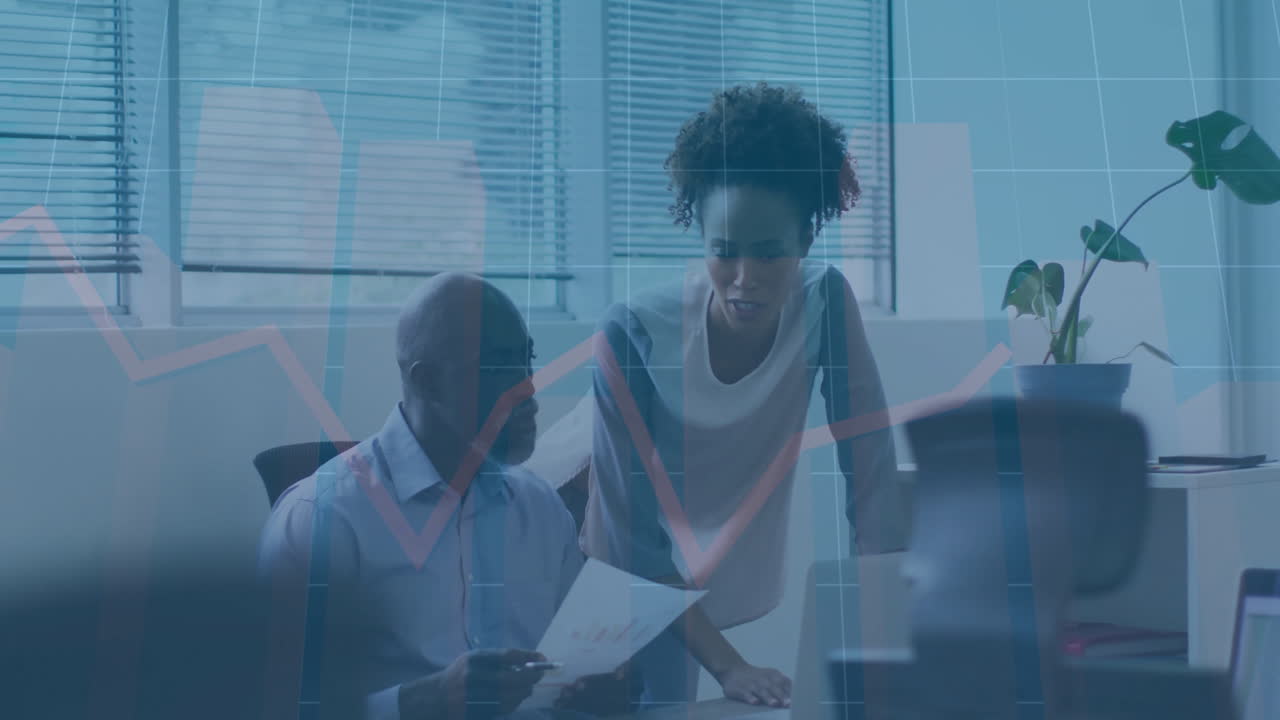 Animation of financial data processing over diverse colleagues discussing work in office