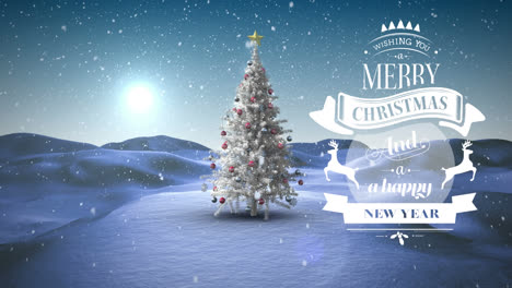 Animation-of-christmas-greetings-over-winter-landscape-background-with-christmas-tree