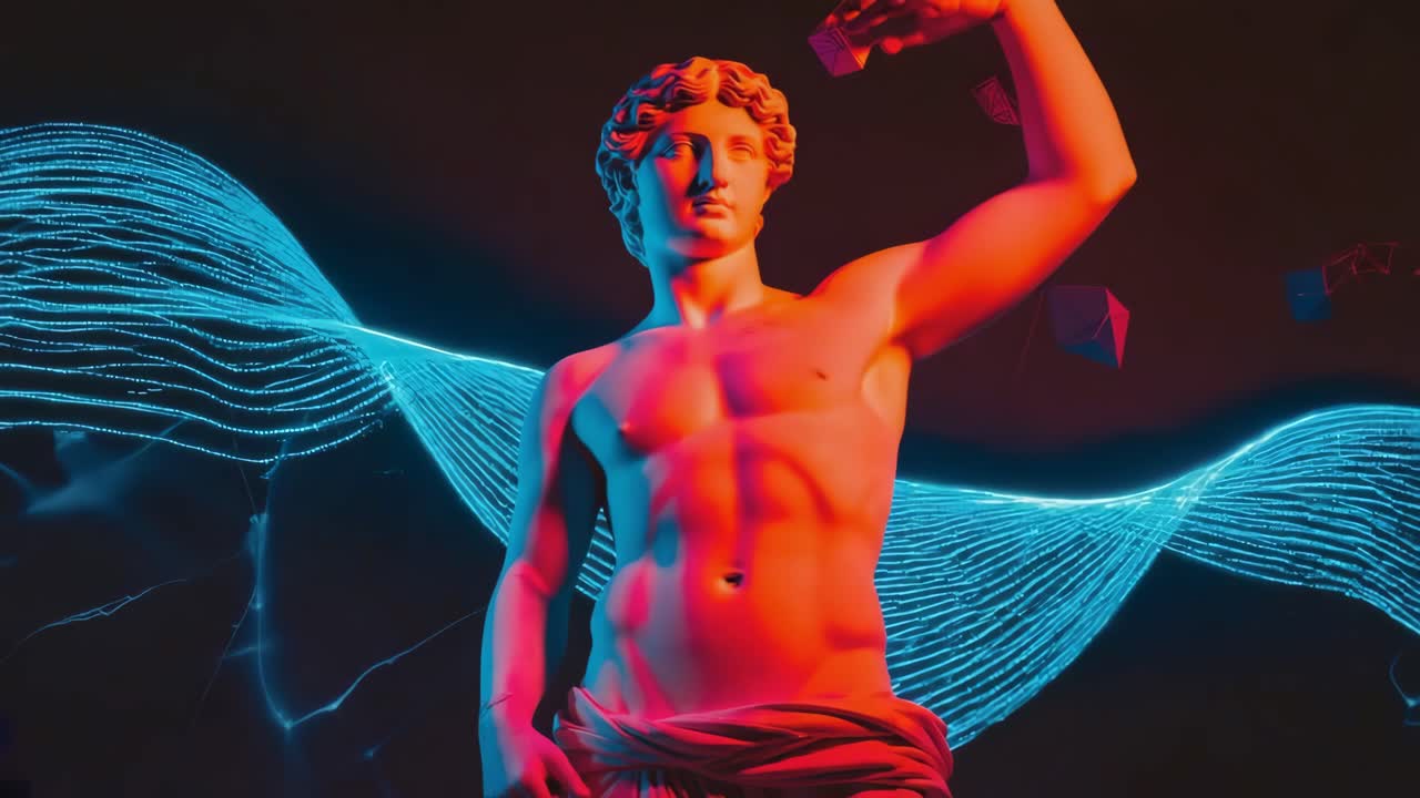 Classical Male Sculpture in Neon Synthwave Art