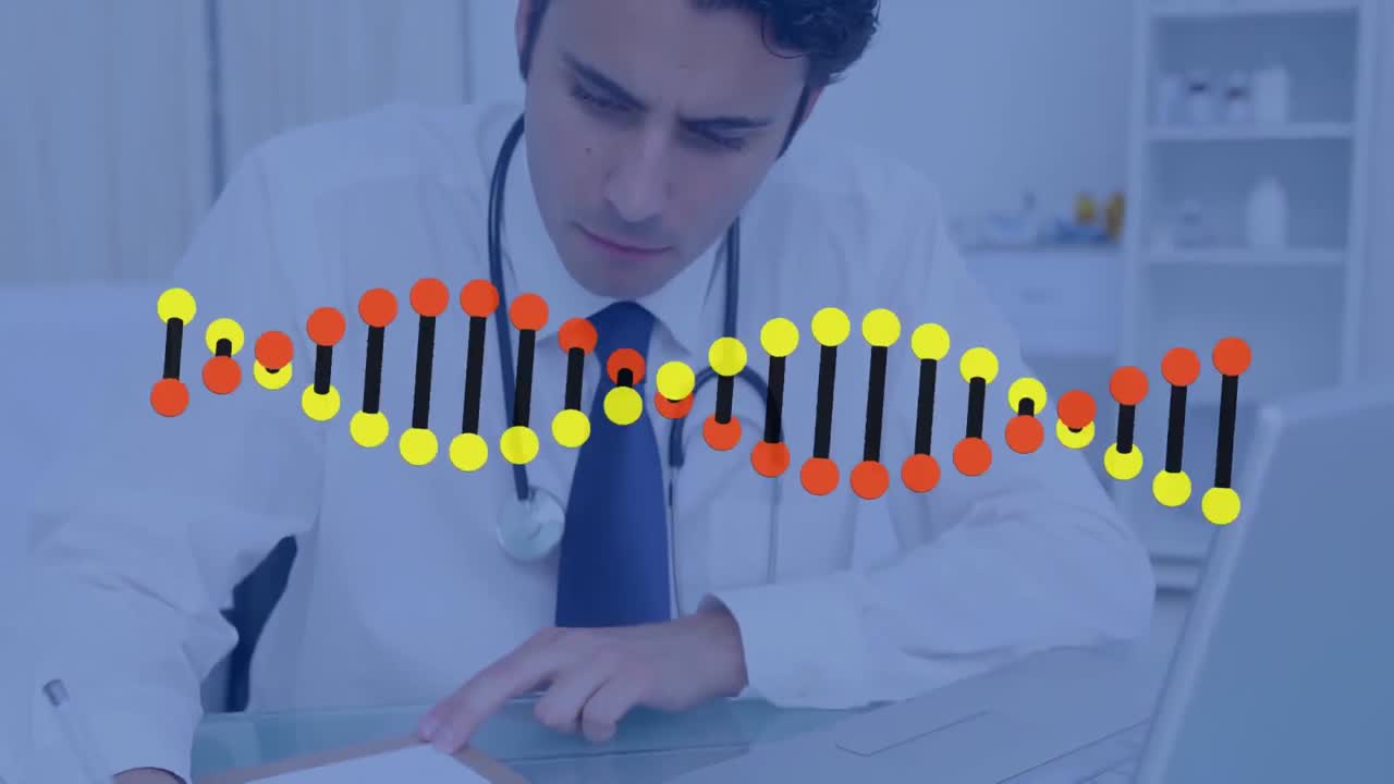 animación de la cadena de adn sobre el médico tomando notas