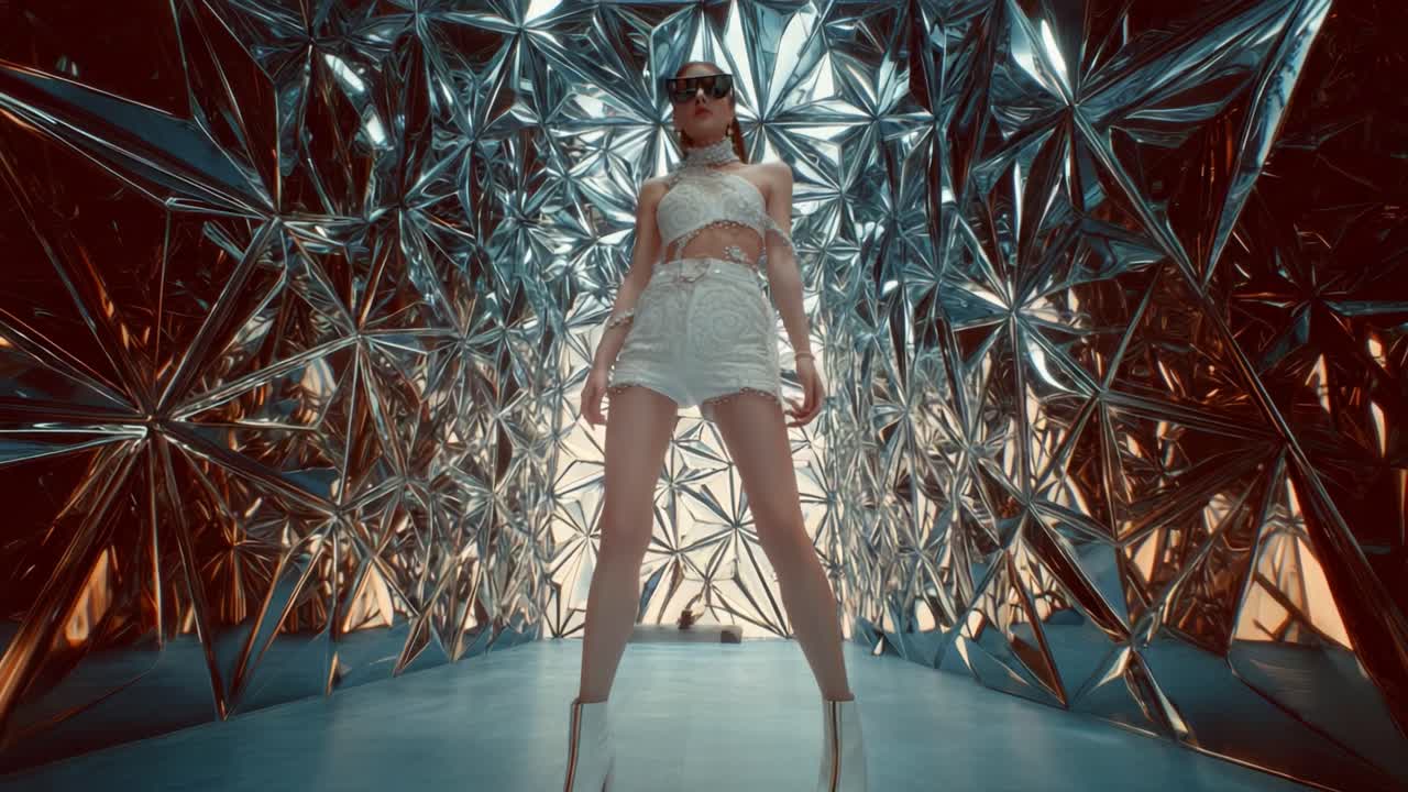 A stunning model showcases a daring fashion statement, posing confidently in a futuristic, mirrored environment that reflects vibrant light and showcases contemporary style