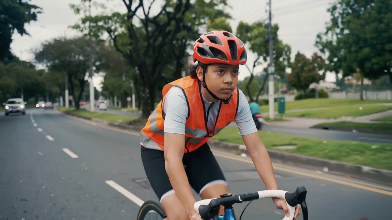 Telecamera che segue un ciclista adolescente che pedala su una strada urbana, mentre si reca al lavoro, indossando un casco rosso e un giubbotto arancione.