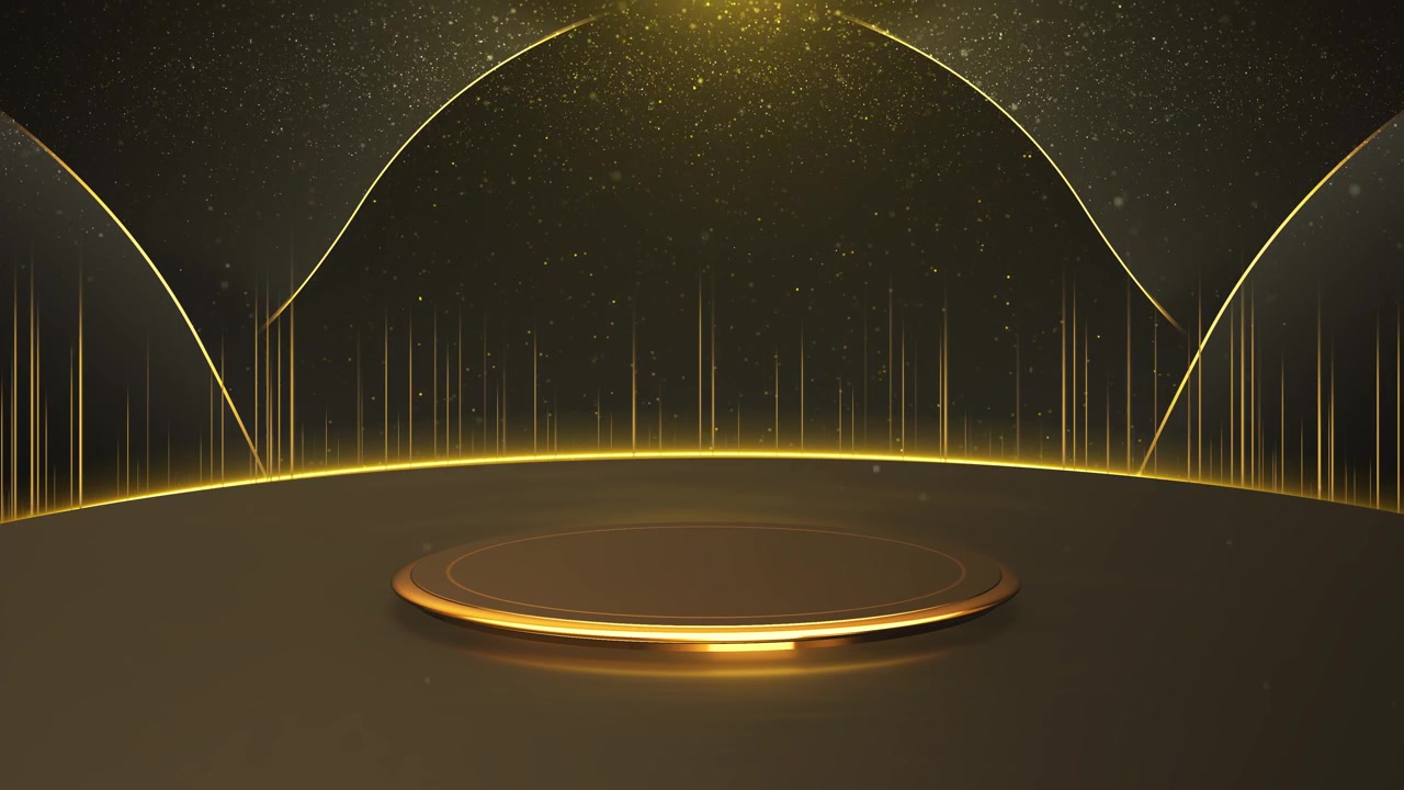 Immagine elegante cerimonia ad arco dorato con podio rotondo di lusso, scintillio di particelle morbide e caldo premium