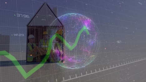 Animation-of-globe,-green-line,-data-processing-over-house