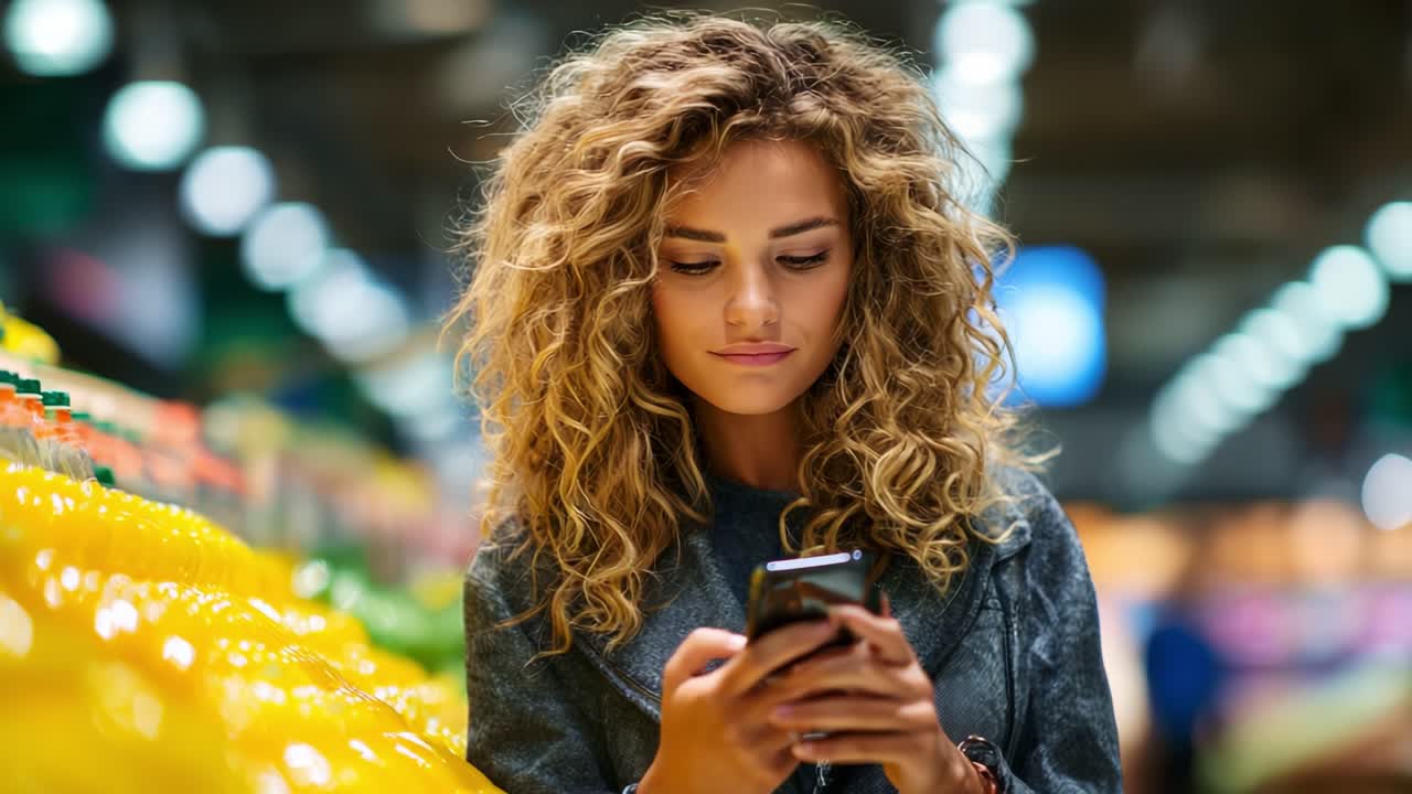 Interazione con la tecnologia mobile: una giovane donna naviga sul suo smartphone circondata da prodotti freschi e colorati in un negozio di alimentari