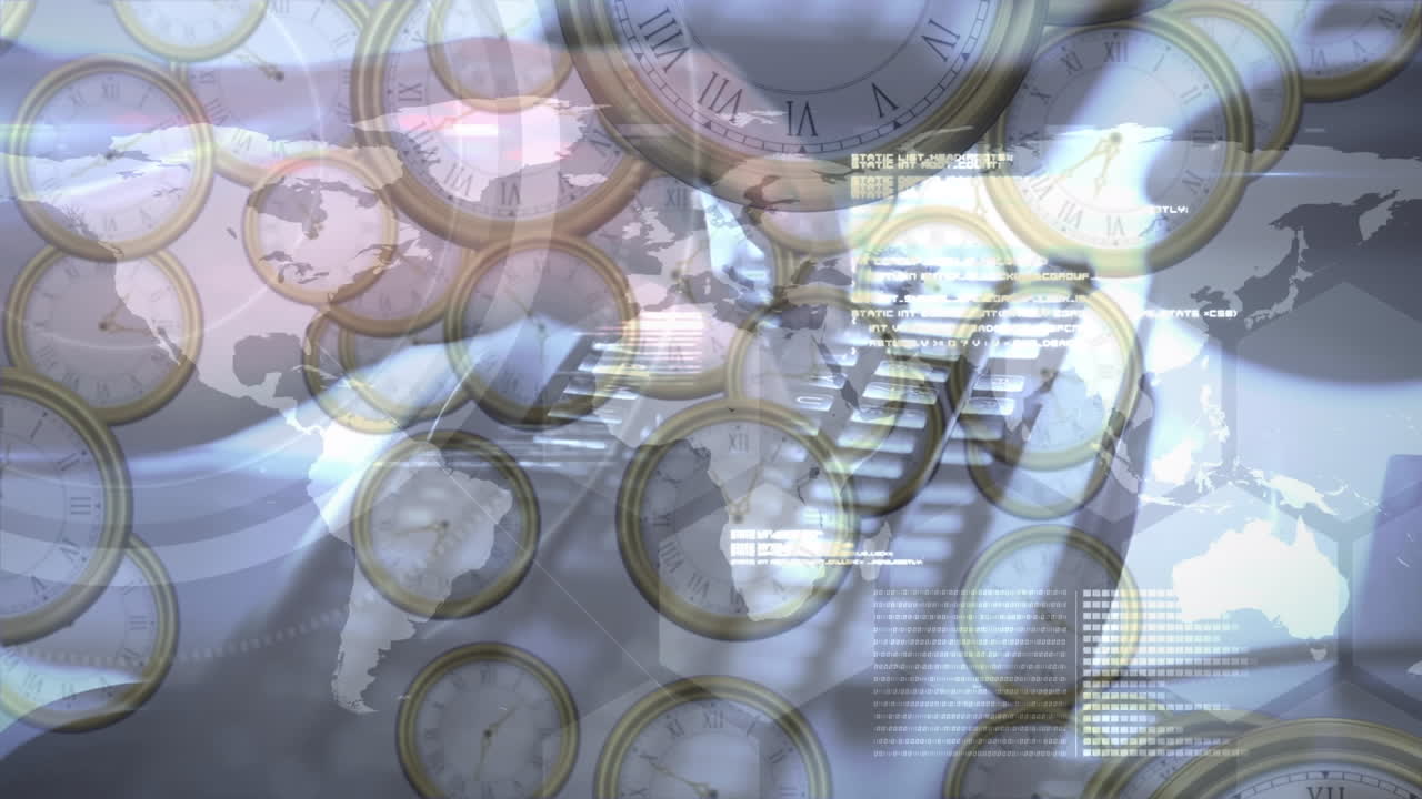 컴퓨터 키보드를 사용하여 데이터 처리 및 손에 떨어지는 시계의 애니메이션