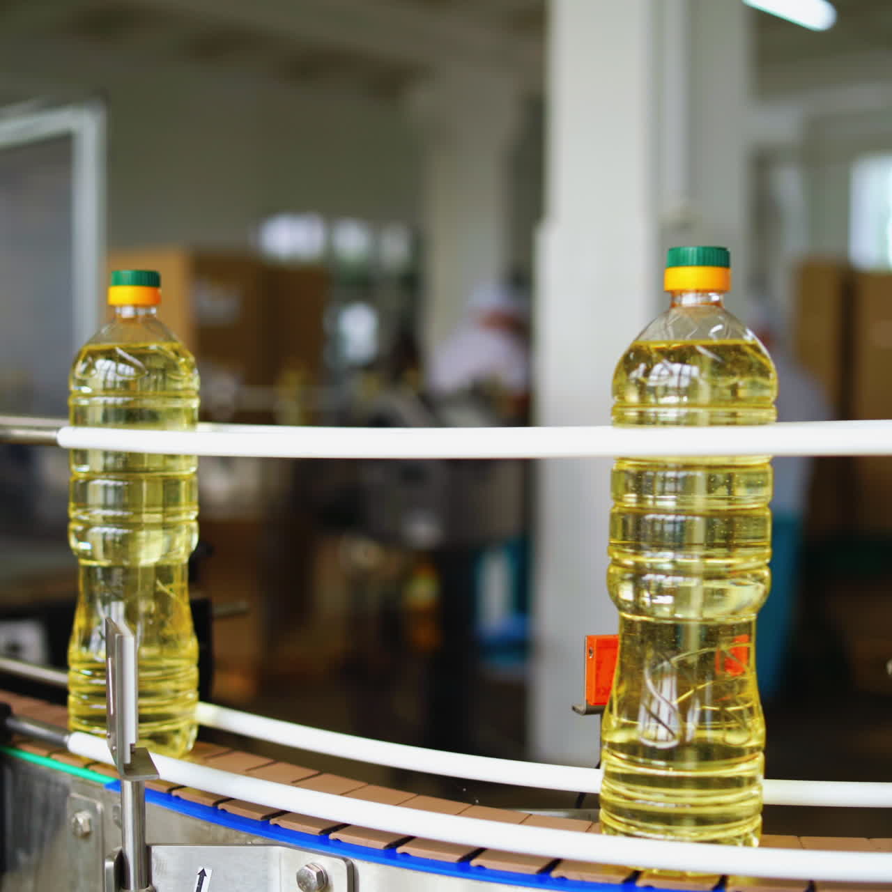 Bottles of oil moving on the conveyor line. Production of sunflower oil in a factory. Interior of modern natural oil factory.