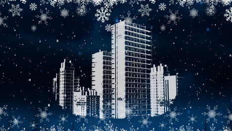 animation of white christmas snowflakes falling in night sky over white modern buildings
