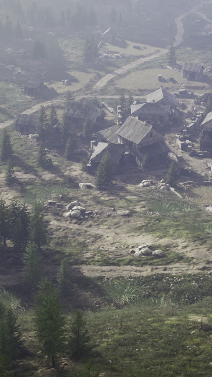 Misty morning in a remote village surrounded by lush green forests