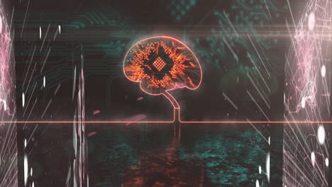 animación de senderos de luz sobre el icono del cerebro con placa de circuitos de computadora en fondo negro