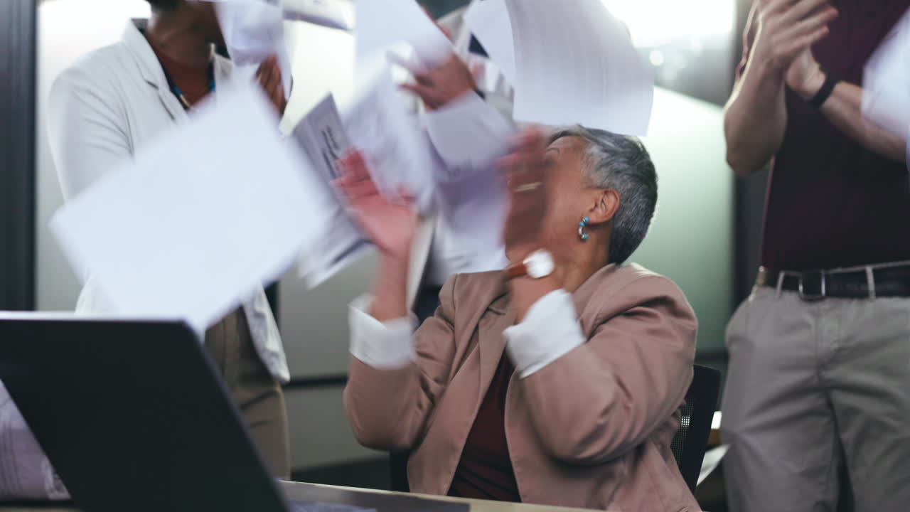 Throw, paper and business woman success