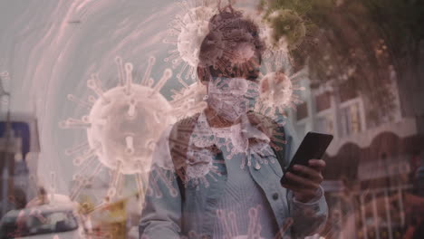 animation of covid 19 cells moving over woman in face mask