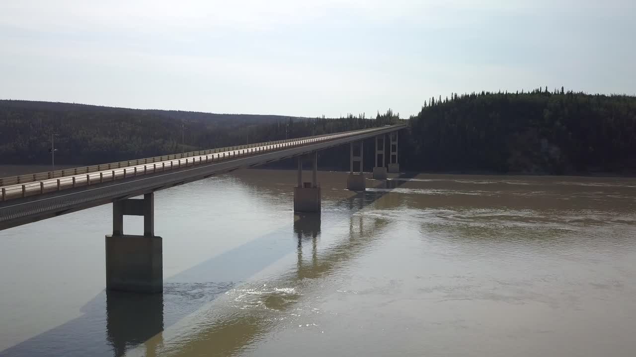 Dalton Highway Bridge Across Yukon River in Alaska - Aerial Drone Approaching View