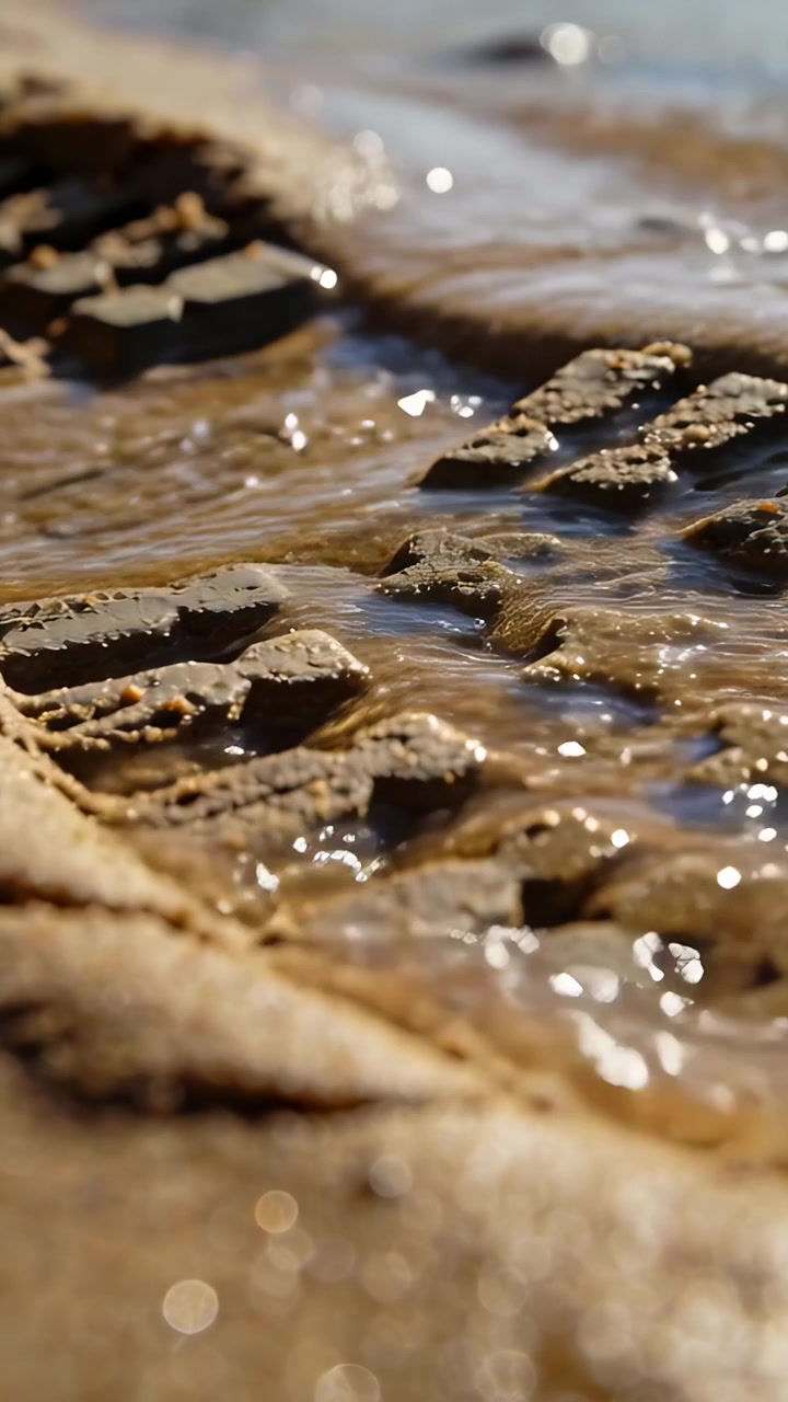 Video verticale: Risacca in arrivo che si muove su un battistrada di gomma in spiaggia, riempiendo le scanalature di bolle.