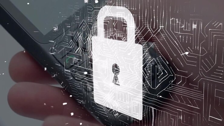 Thumb pressing 405 code on phone keypad dissolving digits into circuit overlay unlocking padlock