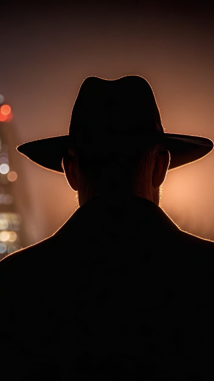 Silhouette misteriosa di un uomo con un cappello su uno sfondo luminoso di notte, che evoca un'atmosfera enigmatica e suggestiva