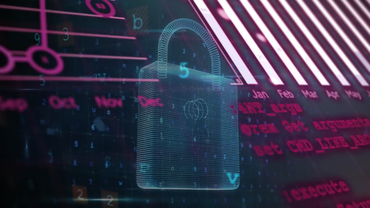 animación de la ciberseguridad y el procesamiento de datos estadísticos contra el icono del candado de seguridad.