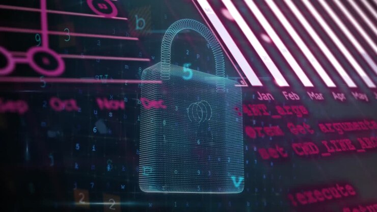 Animation of cyber security and statistical data processing against security padlock icon
