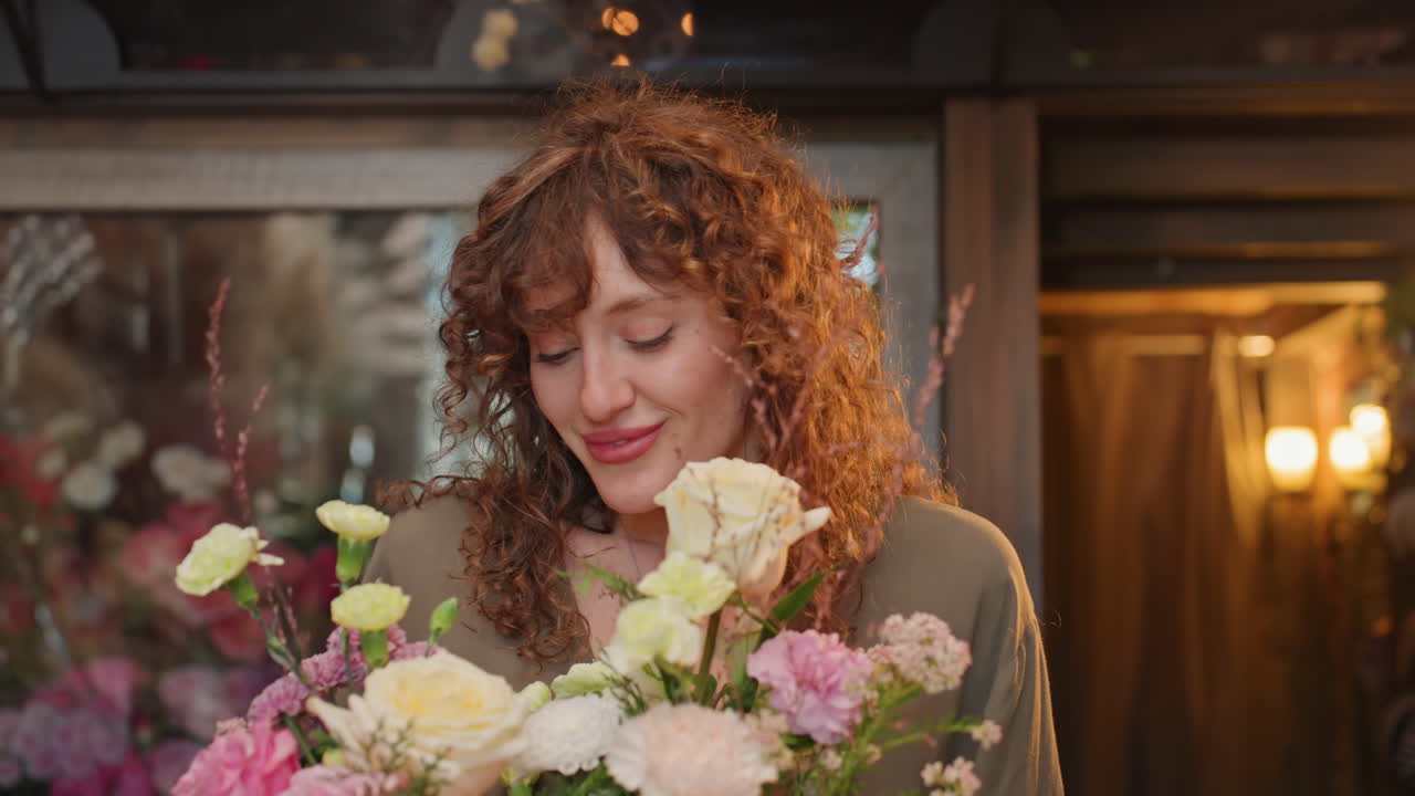 Servizio fotografico dietro le quinte di un fiorista con un'atmosfera da studio editoriale per bouquet, modella in posa con composizione floreale, illuminazione professionale con softbox e riflettore, primo piano su petali e steli, styling.