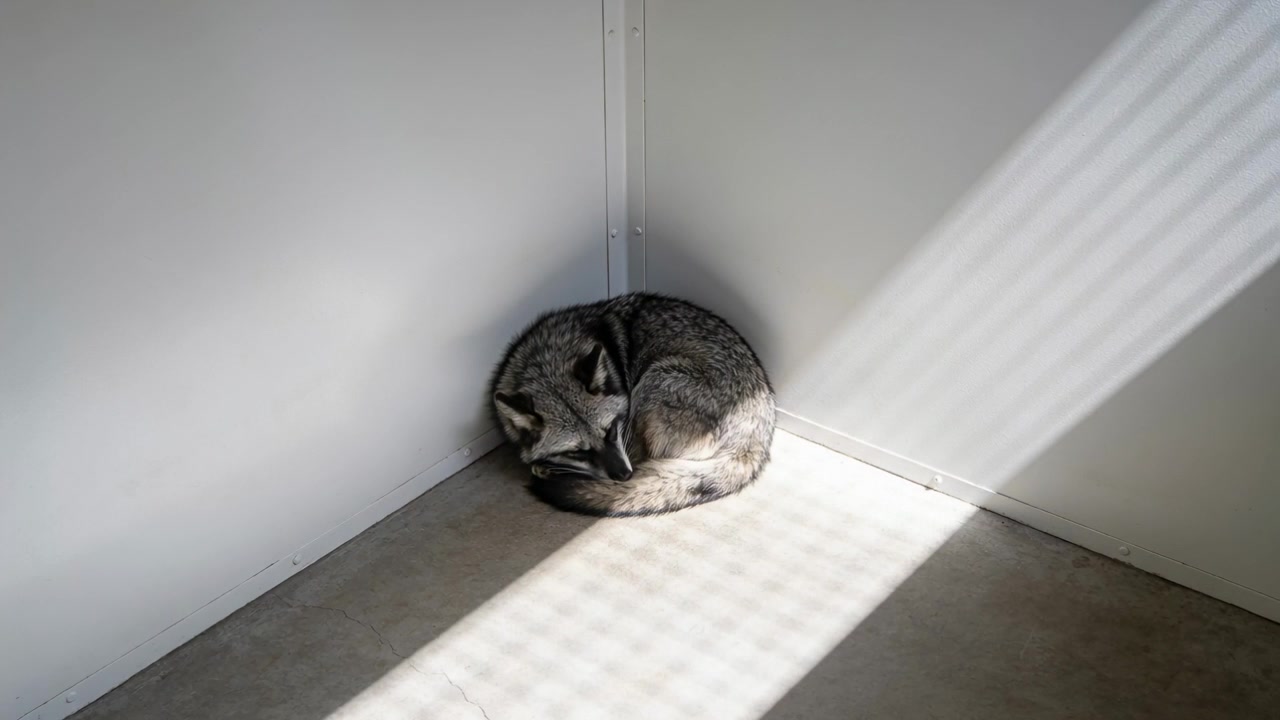 Un raggio di sole cade sul pavimento, riscaldando un cane grigio raggomitolato che respira in un angolo di una parete bianca, con spazio per il testo.