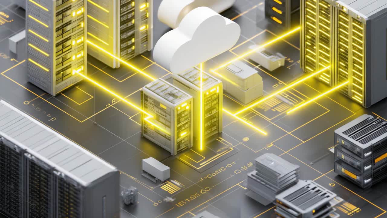 A Comprehensive Visualization of Modern Data Center Architecture Featuring Cloud Integration and Network Connectivity Across High-Performance Server Units