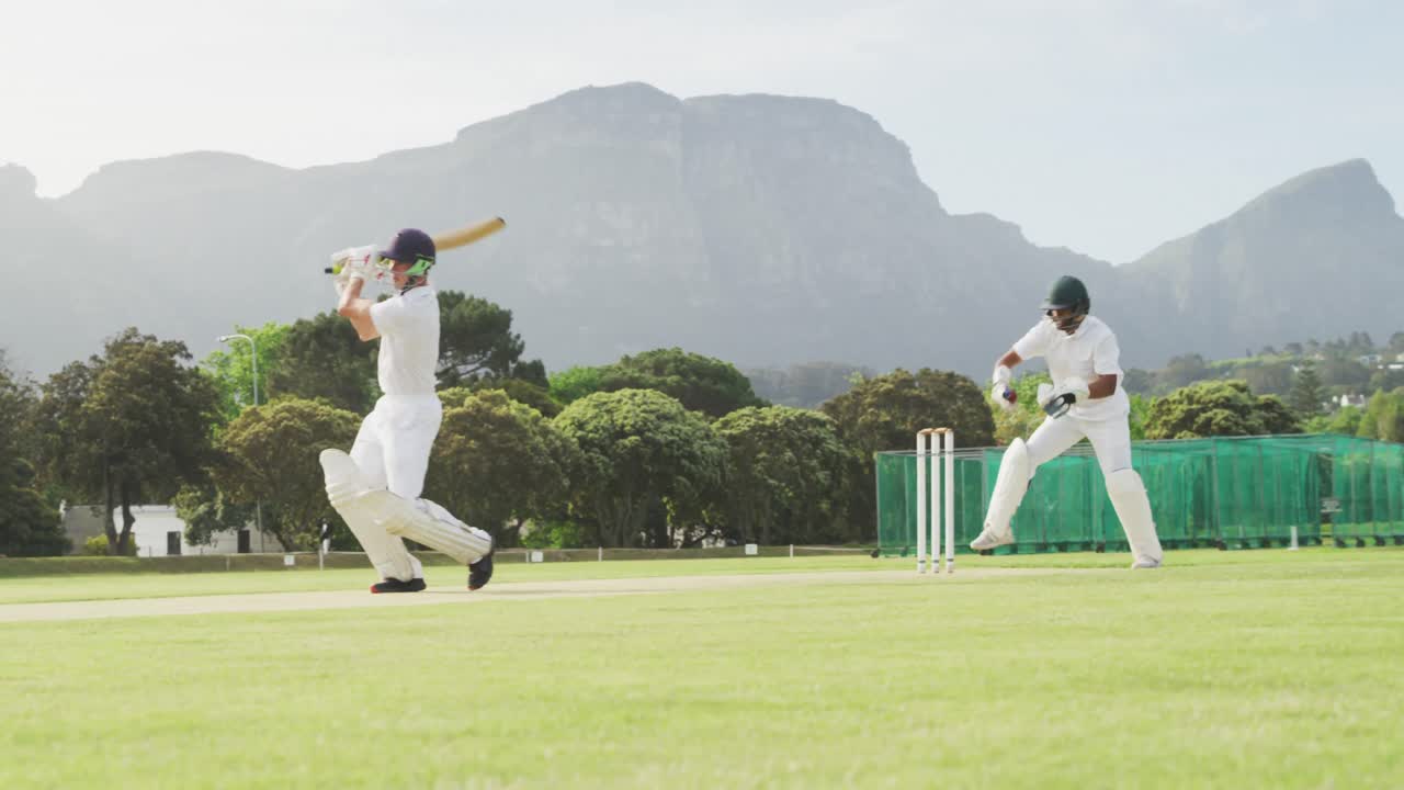 크리켓 선수 가 공 을 잡고 우표 를 파괴 하고 있다