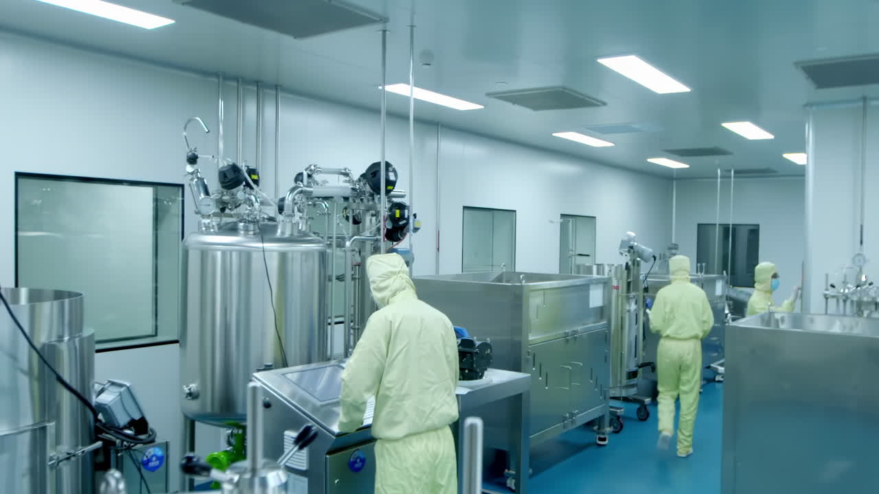 Advanced Scientists or Technicians in Sterile Suits Uniform Check Data on Personal Computer or control panels. They Work in Pharmaceutics biopharmaceuticals biotechnology Laboratory workshop