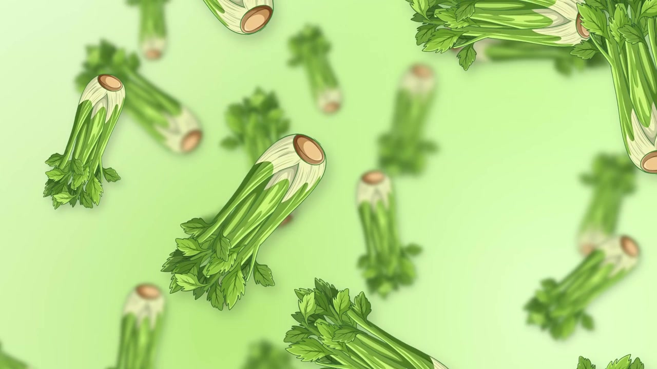 Stylized celery stalks fall and rotate against a soft green gradient background with depth effects.