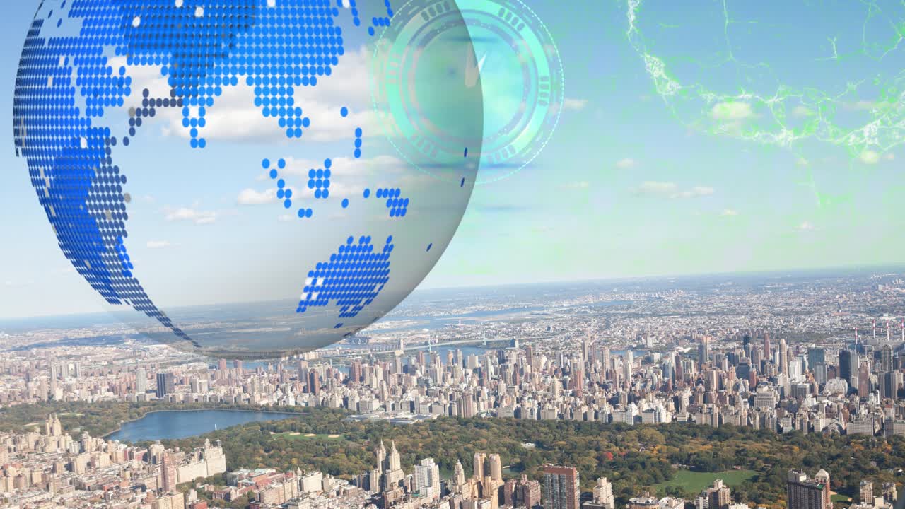 анимация цифрового мозга, движущиеся часы и глобус над городским пейзажем