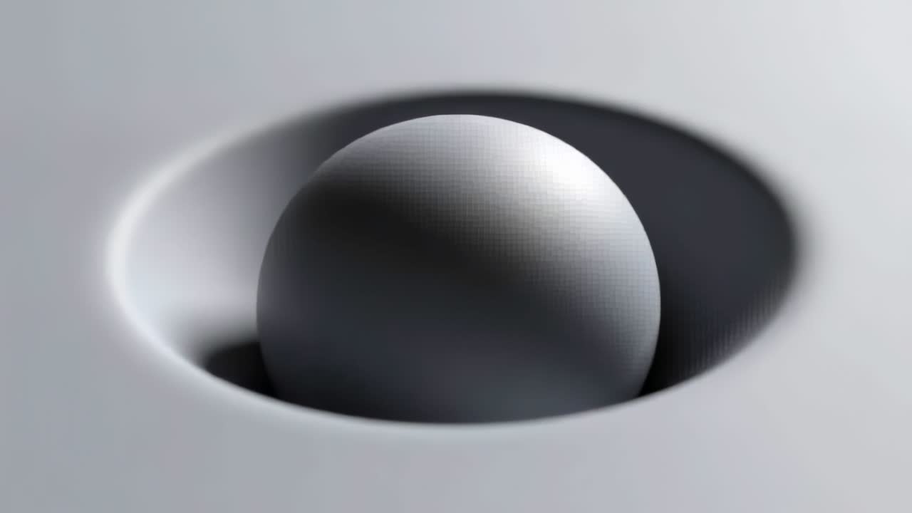 Shifting soft light making matte sphere rising and tilting from recessed cavity showing rim shadow