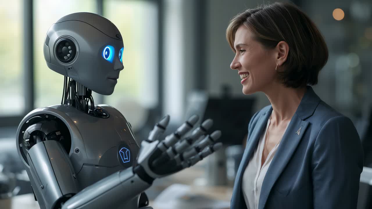 Gesturing robot with blue eyes and emblem raising hand, engaging woman in blazer during office demo