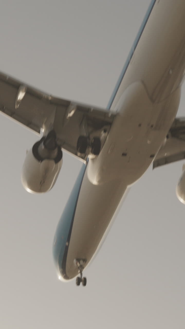 수직으로 보이는 석양 아래 매우 느린 화면으로 공항에 착륙하기 위해 머리 위로 날아가는 비행기