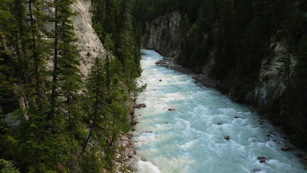 Veduta aerea cinematografica di un fiume che scorre tra imponenti scogliere, Columbia Britannica.