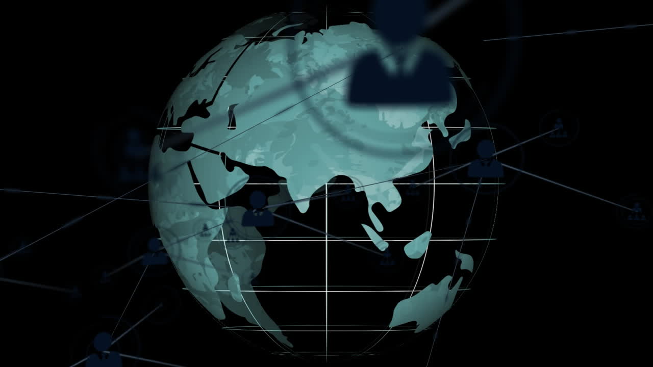 анимация сети соединений с иконами по всему миру на черном фоне