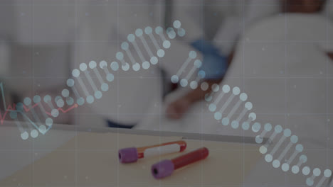animación de cadenas de adn y diagrama sobre tubos de ensayo y pacientes diversos en la cama y el médico