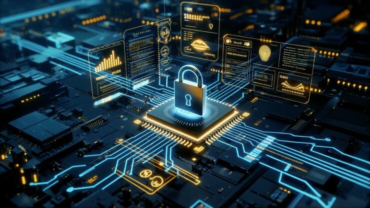 Digital Security Padlock Icon on Futuristic Circuit Board