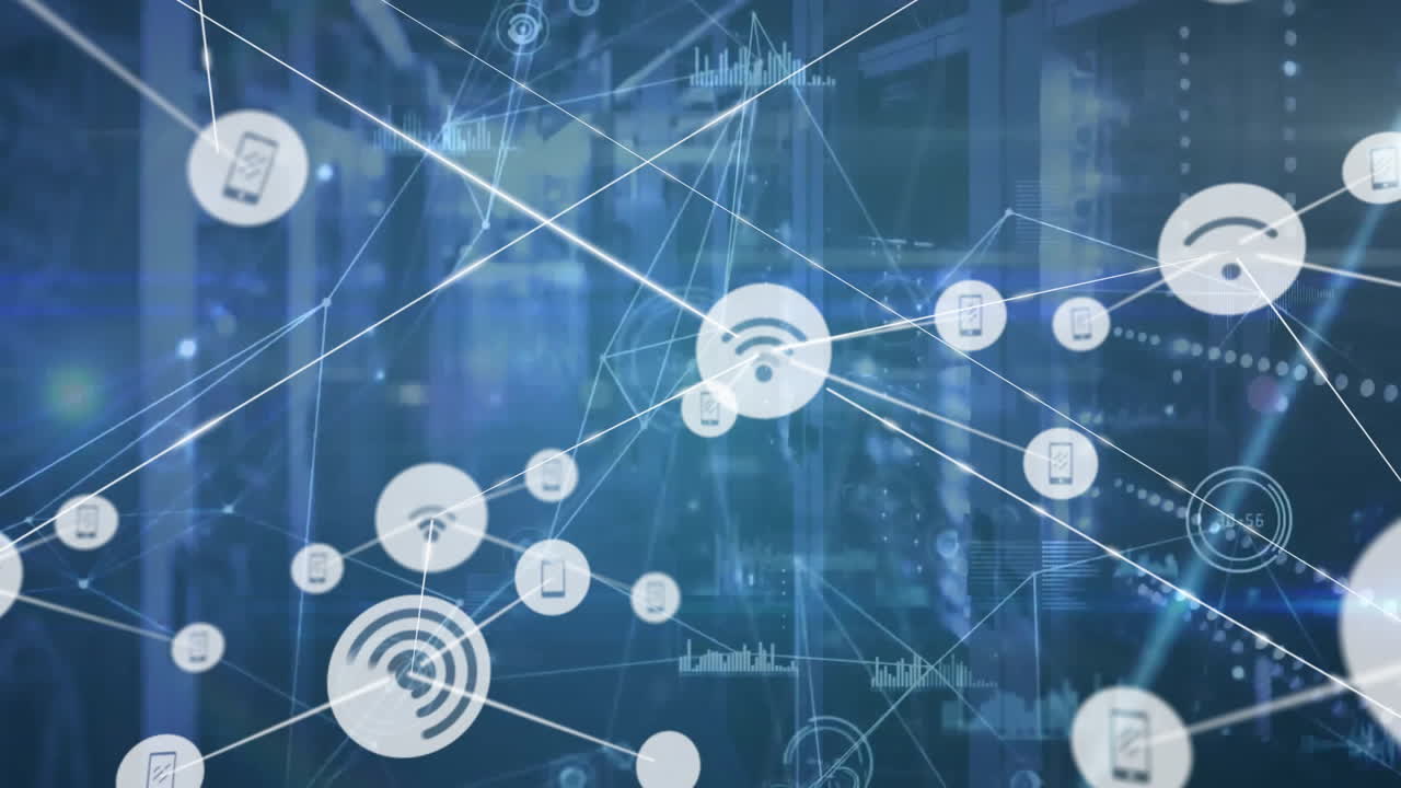 conectividad de red y animación de transferencia de datos sobre un fondo de oficina borroso