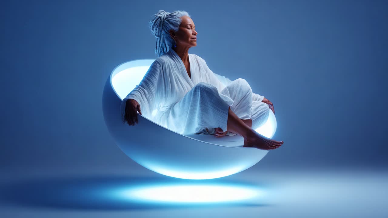 An Ethereal Scene Featuring a Serene Woman Meditating in a Floating Pod, Bathed in Soft Blue Light, Evoking a Sense of Calm and Tranquility with a Futuristic Aesthetic