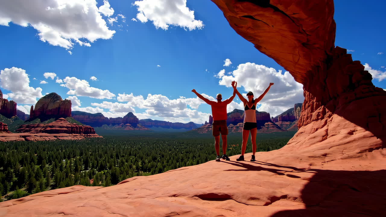 Couple Celebrating on a Scenic Red Rock Arch Overlooking a Vast Landscape