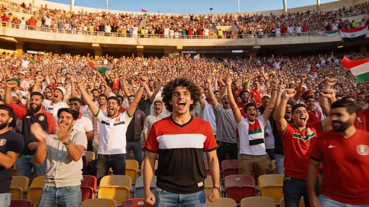Cheering supporter wearing striped jersey, jumping pumping fists in stands after goal, waving flags