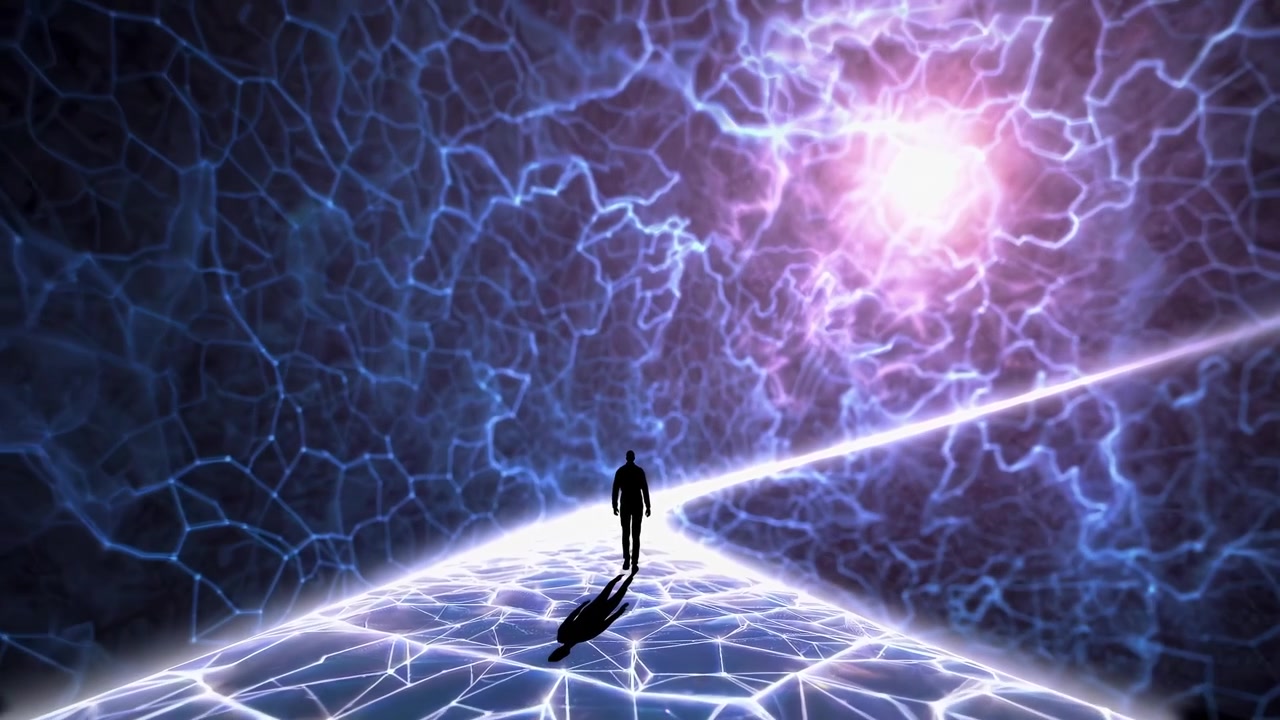 Silhouette di una persona che cammina su un sentiero digitale luminoso verso la luce