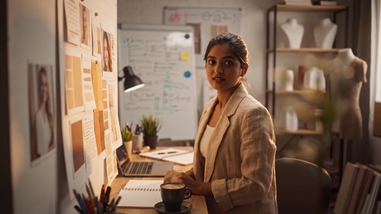 Creative Professional Analyzing Color Palettes and Design Inspirations in a Bright Workspace with Coffee, Combining Aesthetic and Practicality in Design