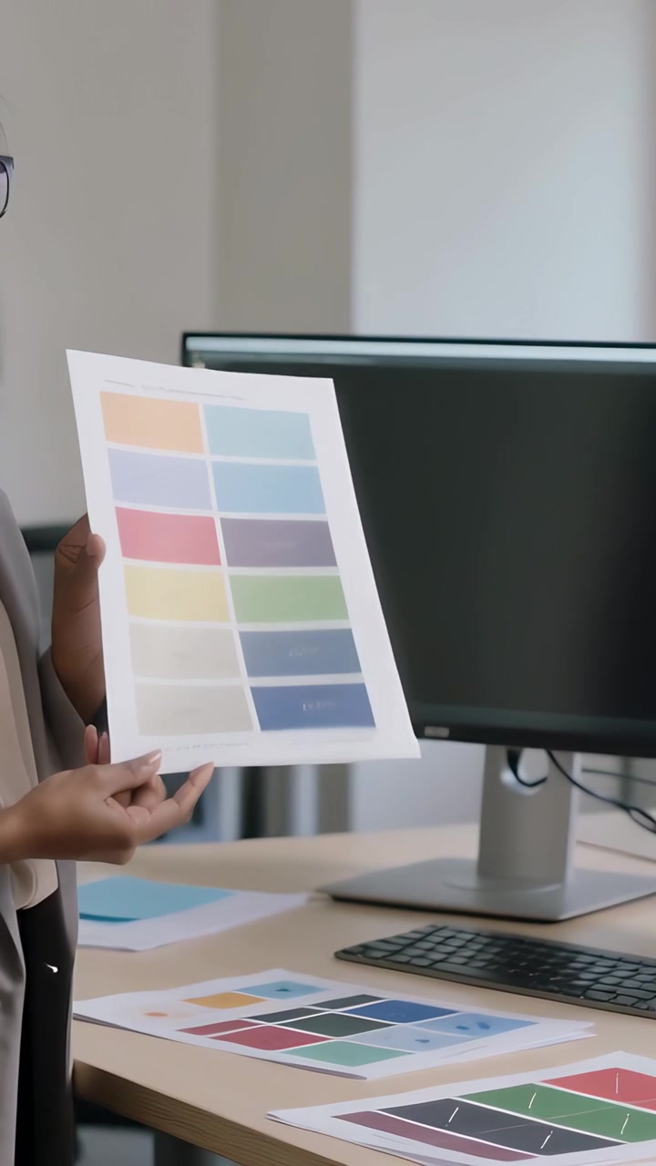 Video verticale: Designer in blazer che tiene un campionario e abbina i colori sui monitor alla scrivania, con spazio per il testo.