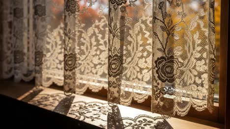 captivating lace curtains filtering soft sunlight, creating beautiful shadow patterns on the windowsill, enhancing the warmth of an autumn scene