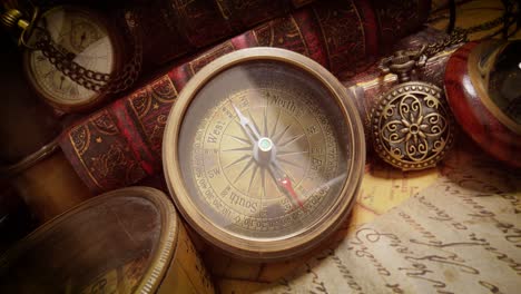 vintage style travel and adventure. vintage old compass and other vintage items on the table.